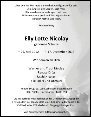 Anzeige von Elly Lotte Nicolay von Kölner Stadt-Anzeiger / Kölnische Rundschau / Express