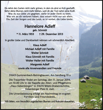 Anzeige von Hannelore Adleff von Kölner Stadt-Anzeiger / Kölnische Rundschau / Express