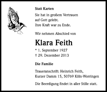 Anzeige von Klara Feith von Kölner Stadt-Anzeiger / Kölnische Rundschau / Express