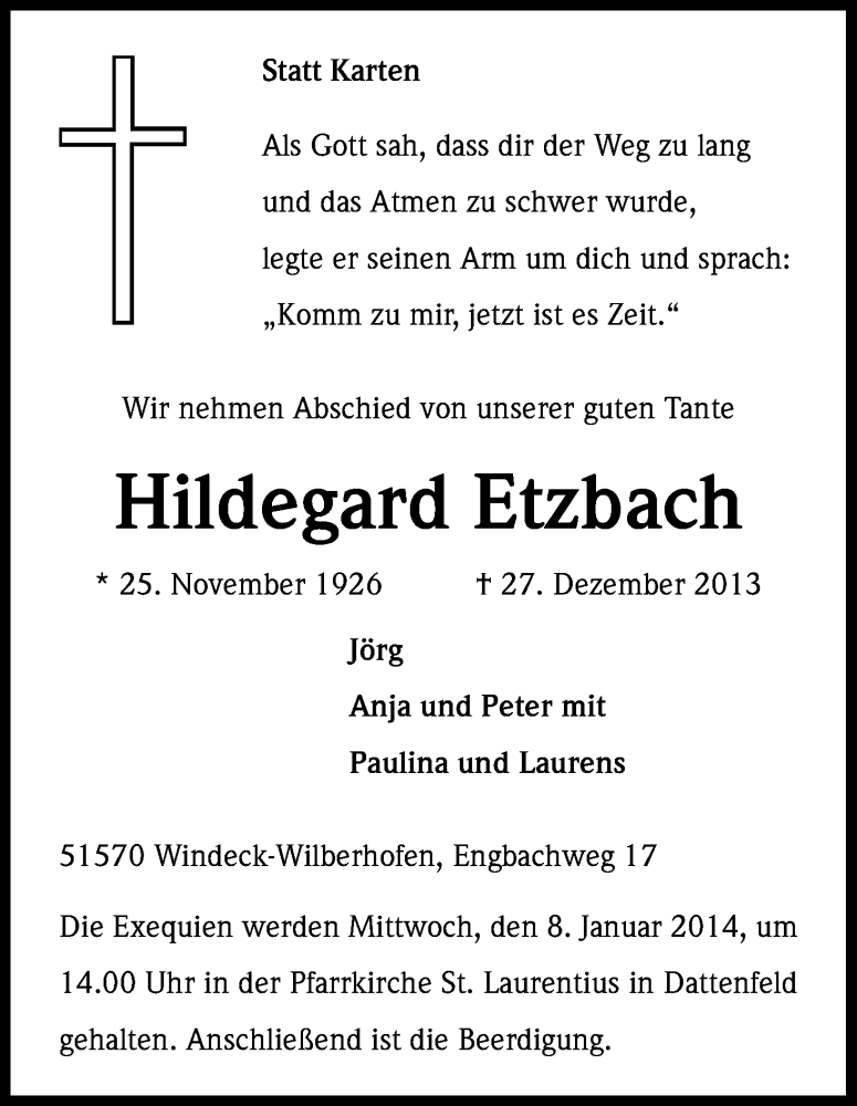  Traueranzeige für Hildegard Etzbach vom 04.01.2014 aus Kölner Stadt-Anzeiger / Kölnische Rundschau / Express