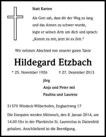 Anzeige von Hildegard Etzbach von Kölner Stadt-Anzeiger / Kölnische Rundschau / Express