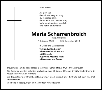 Anzeige von Maria Scharrenbroich von Kölner Stadt-Anzeiger / Kölnische Rundschau / Express