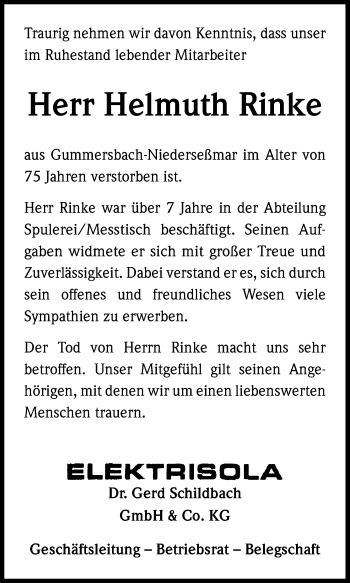 Anzeige von Helmuth Rinke von Kölner Stadt-Anzeiger / Kölnische Rundschau / Express
