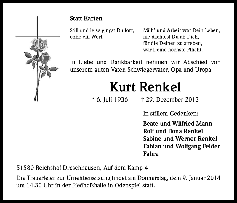  Traueranzeige für Kurt Renkel vom 04.01.2014 aus Kölner Stadt-Anzeiger / Kölnische Rundschau / Express