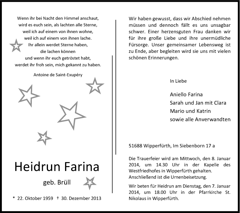  Traueranzeige für Heidrun Farina vom 04.01.2014 aus Kölner Stadt-Anzeiger / Kölnische Rundschau / Express