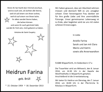Anzeige von Heidrun Farina von Kölner Stadt-Anzeiger / Kölnische Rundschau / Express