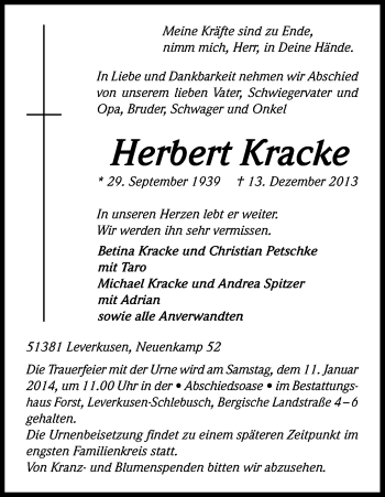 Anzeige von Herbert Kracke von Kölner Stadt-Anzeiger / Kölnische Rundschau / Express