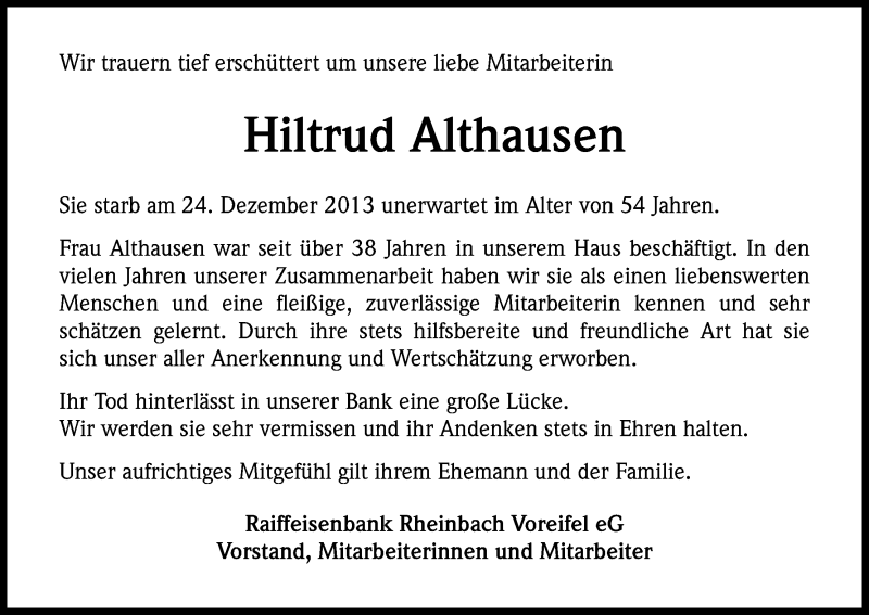  Traueranzeige für Hiltrud Althausen vom 04.01.2014 aus Kölner Stadt-Anzeiger / Kölnische Rundschau / Express