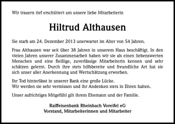 Anzeige von Hiltrud Althausen von Kölner Stadt-Anzeiger / Kölnische Rundschau / Express