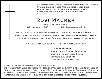 Anzeige von Rosi Maurer von Kölner Stadt-Anzeiger / Kölnische Rundschau / Express