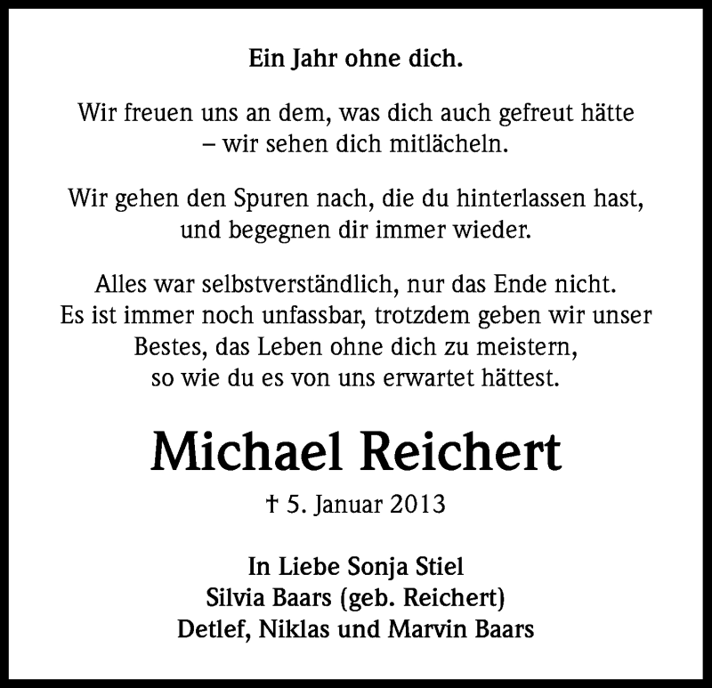  Traueranzeige für Michael Reichert vom 04.01.2014 aus Kölner Stadt-Anzeiger / Kölnische Rundschau / Express