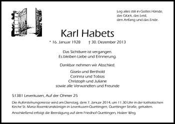 Anzeige von Karl Habets von Kölner Stadt-Anzeiger / Kölnische Rundschau / Express