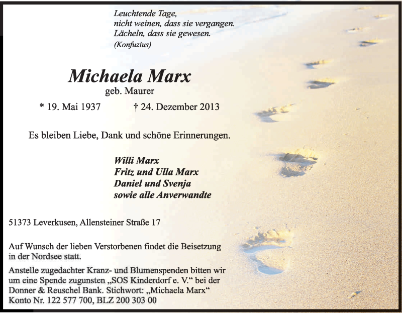  Traueranzeige für Michaela Marx vom 04.01.2014 aus Kölner Stadt-Anzeiger / Kölnische Rundschau / Express