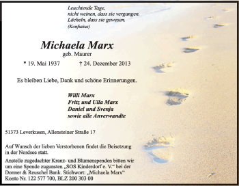 Anzeige von Michaela Marx von Kölner Stadt-Anzeiger / Kölnische Rundschau / Express
