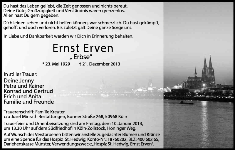  Traueranzeige für Ernst Erven vom 04.01.2014 aus Kölner Stadt-Anzeiger / Kölnische Rundschau / Express
