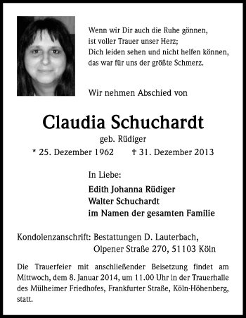 Anzeige von Claudia Schuchardt von Kölner Stadt-Anzeiger / Kölnische Rundschau / Express