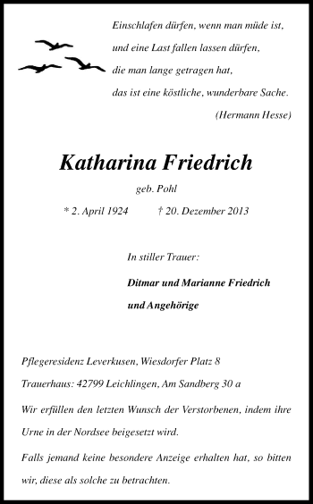 Anzeige von Katharina Friedrich von Kölner Stadt-Anzeiger / Kölnische Rundschau / Express
