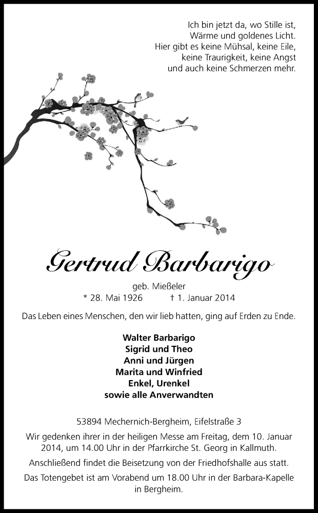  Traueranzeige für Gertrud Barbarigo vom 06.01.2014 aus Kölner Stadt-Anzeiger / Kölnische Rundschau / Express
