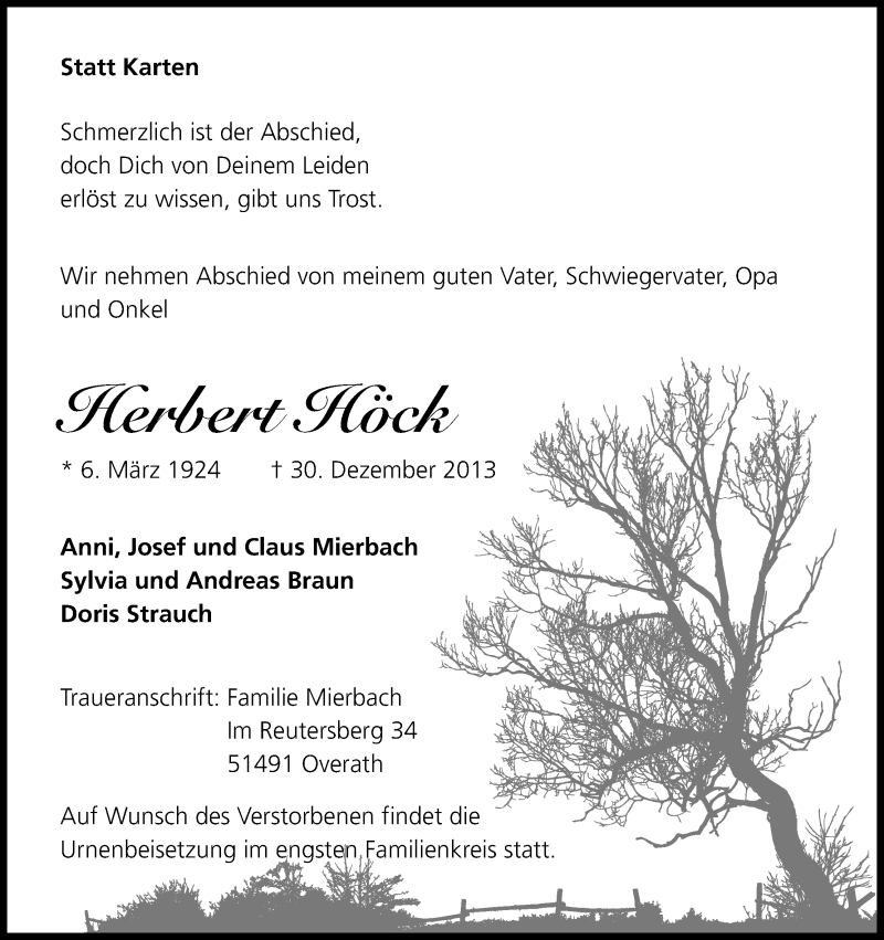  Traueranzeige für Herbert Höck vom 04.01.2014 aus Kölner Stadt-Anzeiger / Kölnische Rundschau / Express
