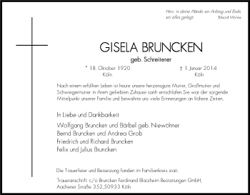 Anzeige von Gisela Bruncken von Kölner Stadt-Anzeiger / Kölnische Rundschau / Express