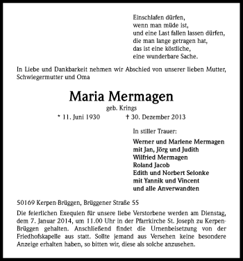 Anzeige von Maria Mermagen von Kölner Stadt-Anzeiger / Kölnische Rundschau / Express