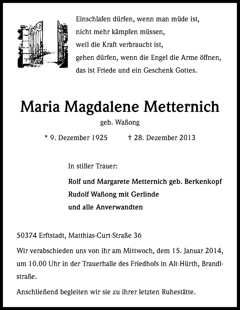  Traueranzeige für Maria Magdalene Metternich vom 08.01.2014 aus Kölner Stadt-Anzeiger / Kölnische Rundschau / Express