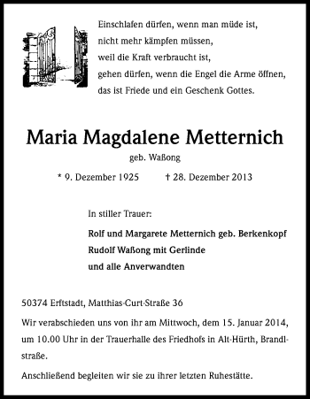 Anzeige von Maria Magdalene Metternich von Kölner Stadt-Anzeiger / Kölnische Rundschau / Express