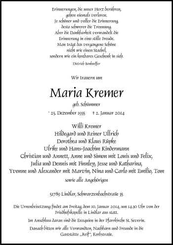 Anzeige von Maria Kremer von Kölner Stadt-Anzeiger / Kölnische Rundschau / Express