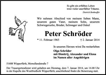 Anzeige von Peter Schröder von Kölner Stadt-Anzeiger / Kölnische Rundschau / Express