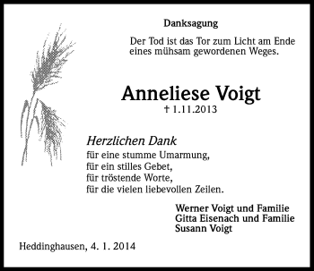 Anzeige von Anneliese Voigt von Kölner Stadt-Anzeiger / Kölnische Rundschau / Express