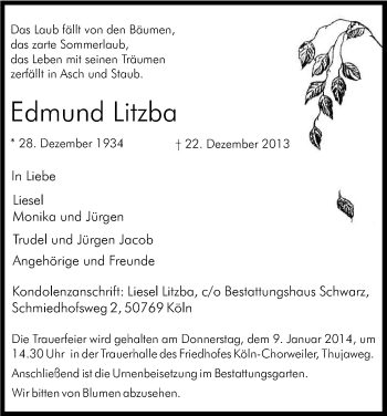 Anzeige von Edmund Litzba von Kölner Stadt-Anzeiger / Kölnische Rundschau / Express