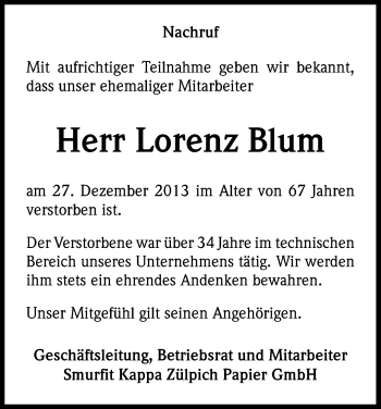 Anzeige von Lorenz Blum von Kölner Stadt-Anzeiger / Kölnische Rundschau / Express