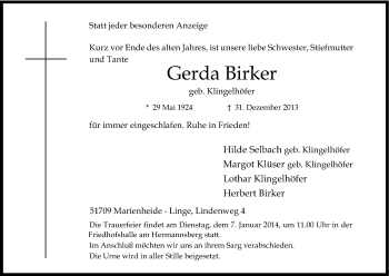 Anzeige von Gerda Birker von Kölner Stadt-Anzeiger / Kölnische Rundschau / Express