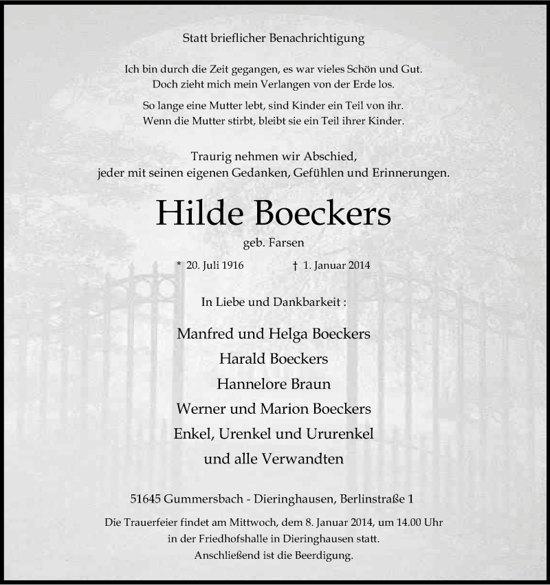  Traueranzeige für Hilde Boeckers vom 04.01.2014 aus Kölner Stadt-Anzeiger / Kölnische Rundschau / Express