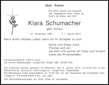 Anzeige von Klara Schumacher von Kölner Stadt-Anzeiger / Kölnische Rundschau / Express
