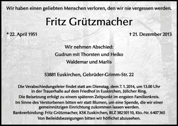 Anzeige von Fritz Grützmacher von Kölner Stadt-Anzeiger / Kölnische Rundschau / Express