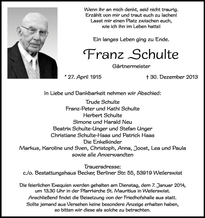  Traueranzeige für Franz Schulte vom 04.01.2014 aus Kölner Stadt-Anzeiger / Kölnische Rundschau / Express