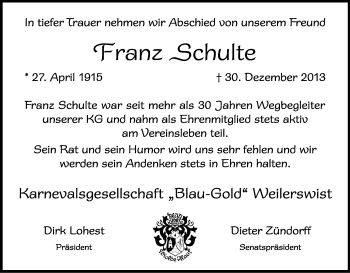 Anzeige von Franz Schulte von Kölner Stadt-Anzeiger / Kölnische Rundschau / Express
