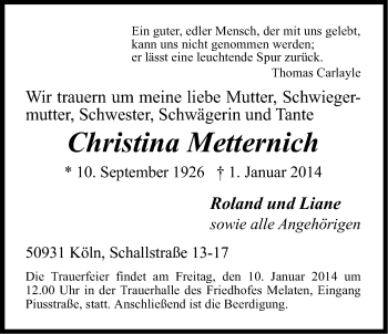 Anzeige von Christina Metternich von Kölner Stadt-Anzeiger / Kölnische Rundschau / Express