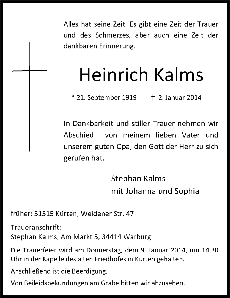  Traueranzeige für Heinrich Kalms vom 04.01.2014 aus Kölner Stadt-Anzeiger / Kölnische Rundschau / Express