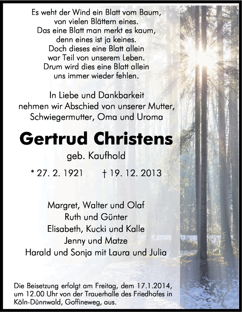 Traueranzeige für Gertrud Christens vom 08.01.2014 aus Kölner Stadt-Anzeiger / Kölnische Rundschau / Express