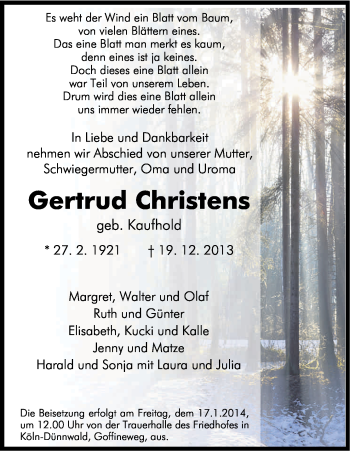 Anzeige von Gertrud Christens von Kölner Stadt-Anzeiger / Kölnische Rundschau / Express