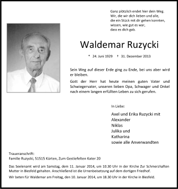 Anzeige von Waldemar Ruzycki von Kölner Stadt-Anzeiger / Kölnische Rundschau / Express