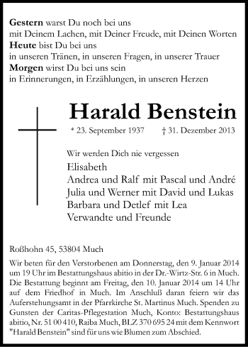 Anzeige von Harald Benstein von Kölner Stadt-Anzeiger / Kölnische Rundschau / Express