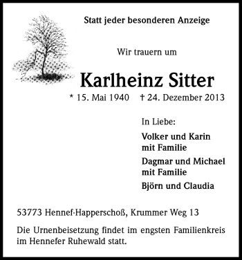 Anzeige von Karlheinz Sitter von Kölner Stadt-Anzeiger / Kölnische Rundschau / Express