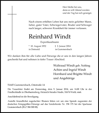 Anzeige von Reinhard Windt von Kölner Stadt-Anzeiger / Kölnische Rundschau / Express