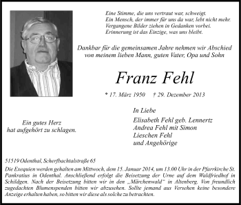 Anzeige von Franz Fehl von Kölner Stadt-Anzeiger / Kölnische Rundschau / Express