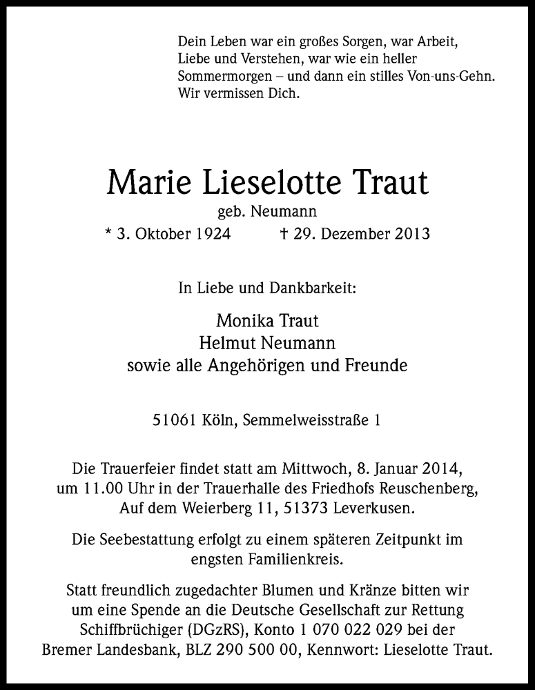  Traueranzeige für Marie Lieselotte Traut vom 04.01.2014 aus Kölner Stadt-Anzeiger / Kölnische Rundschau / Express