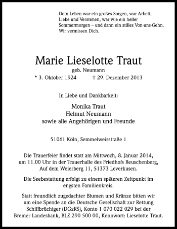 Anzeige von Marie Lieselotte Traut von Kölner Stadt-Anzeiger / Kölnische Rundschau / Express