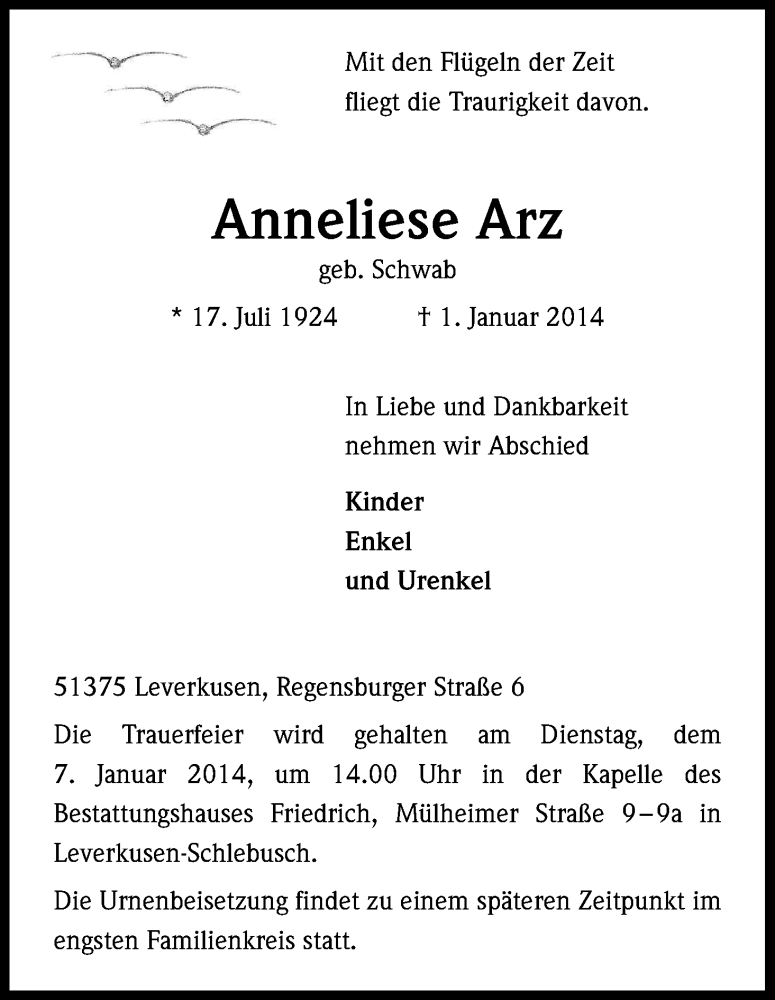 Traueranzeige für Anneliese Arz vom 06.01.2014 aus Kölner Stadt-Anzeiger / Kölnische Rundschau / Express